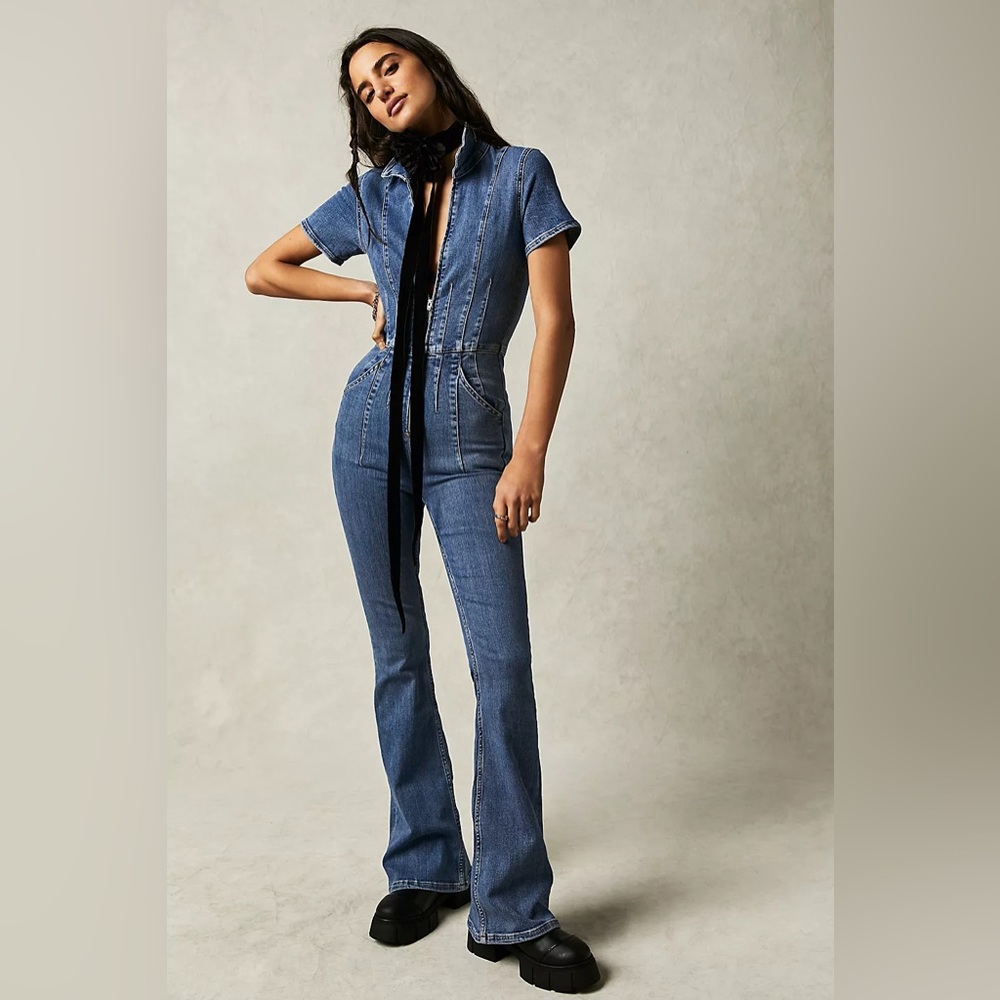 FREE PEOPLE Denim Jayde Flare Jumpsuit M